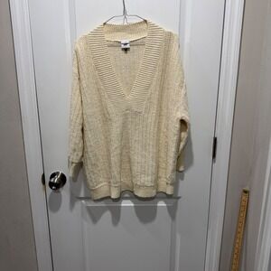 Cabi Women V-Neck Shaker Knit Sweater Neon Accent Cream Size Large